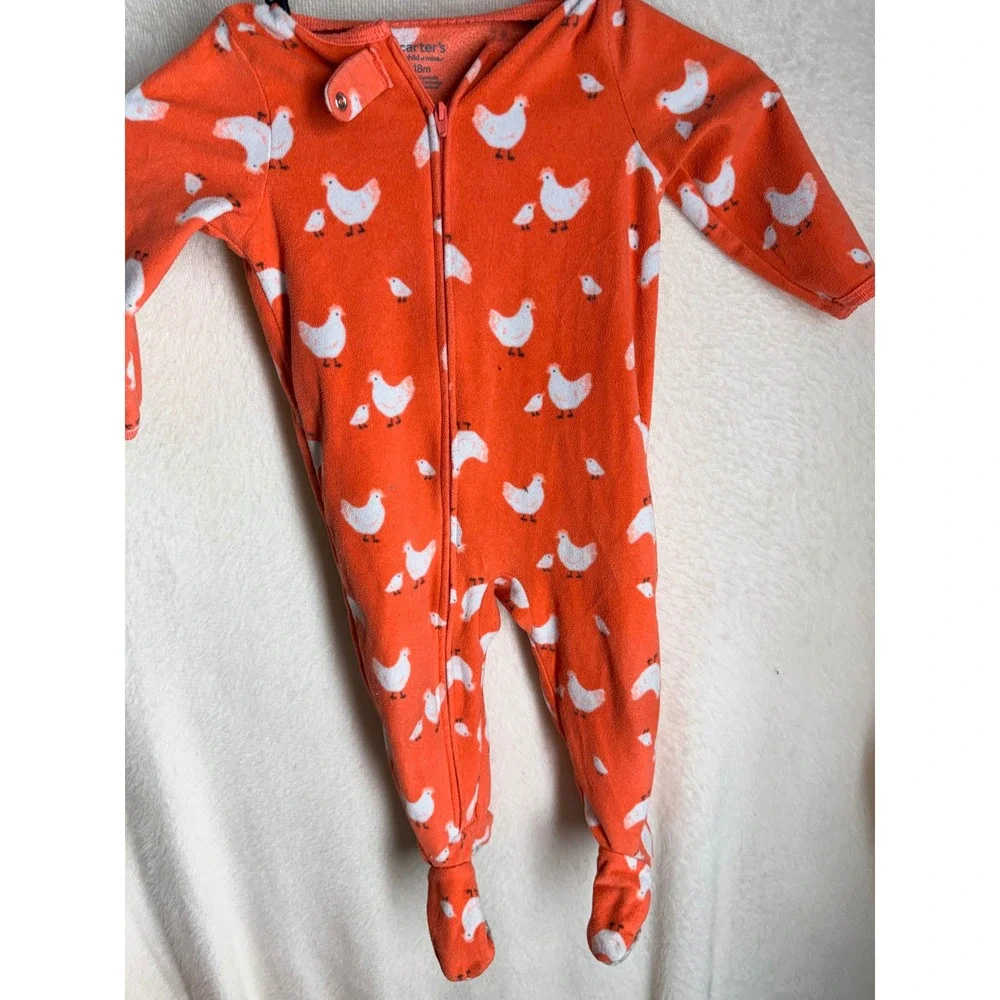 Carters Child of Mine 18M Orange Chicken Print Fleece Footed Sleeper Pajamas
